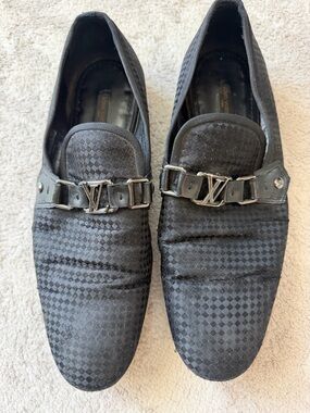 Louis Vuitton Black Checker-Pattern Men's Loafers with LV Buckle